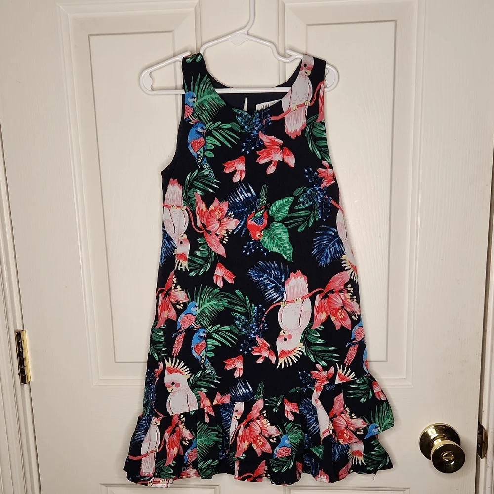 H&M Girls Sleeveless Navy Pink Cockatoo Ruffle Hem Dress Size 6